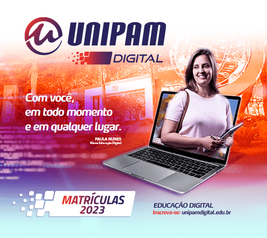 Imagem apresentando a Educação Digital com uma aluna sorrindo e segurando uma caneta de cor azul ao lado esquerdo dela um texto escrito Matricualas Abertas 2023 e abaixo escrito a frase com você, em todo momento e todo lugar e ao lado direito da aluna está a logomarca do unipam Educação digital com a frase inscreva-se agora.